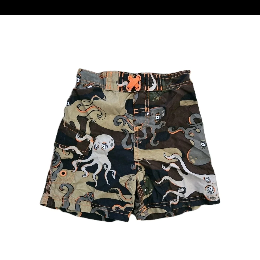 Toddler Boy Octopus Camo Swim Trunks 2T Orange Drawstring Mesh Lining Beach